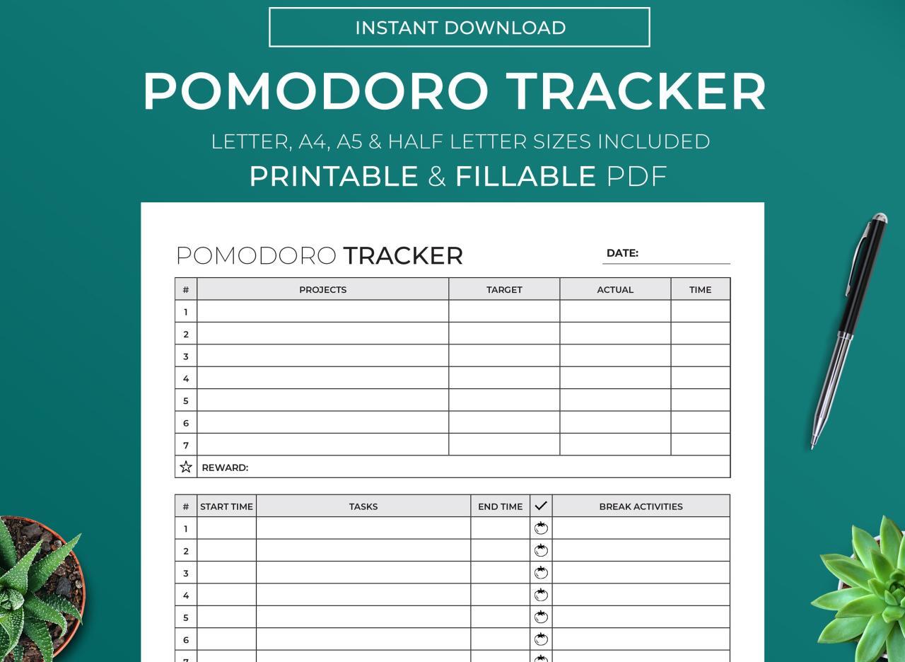 Pomodoro Timer Printable PDF, Productivity Tracker, Planner Sheet ...